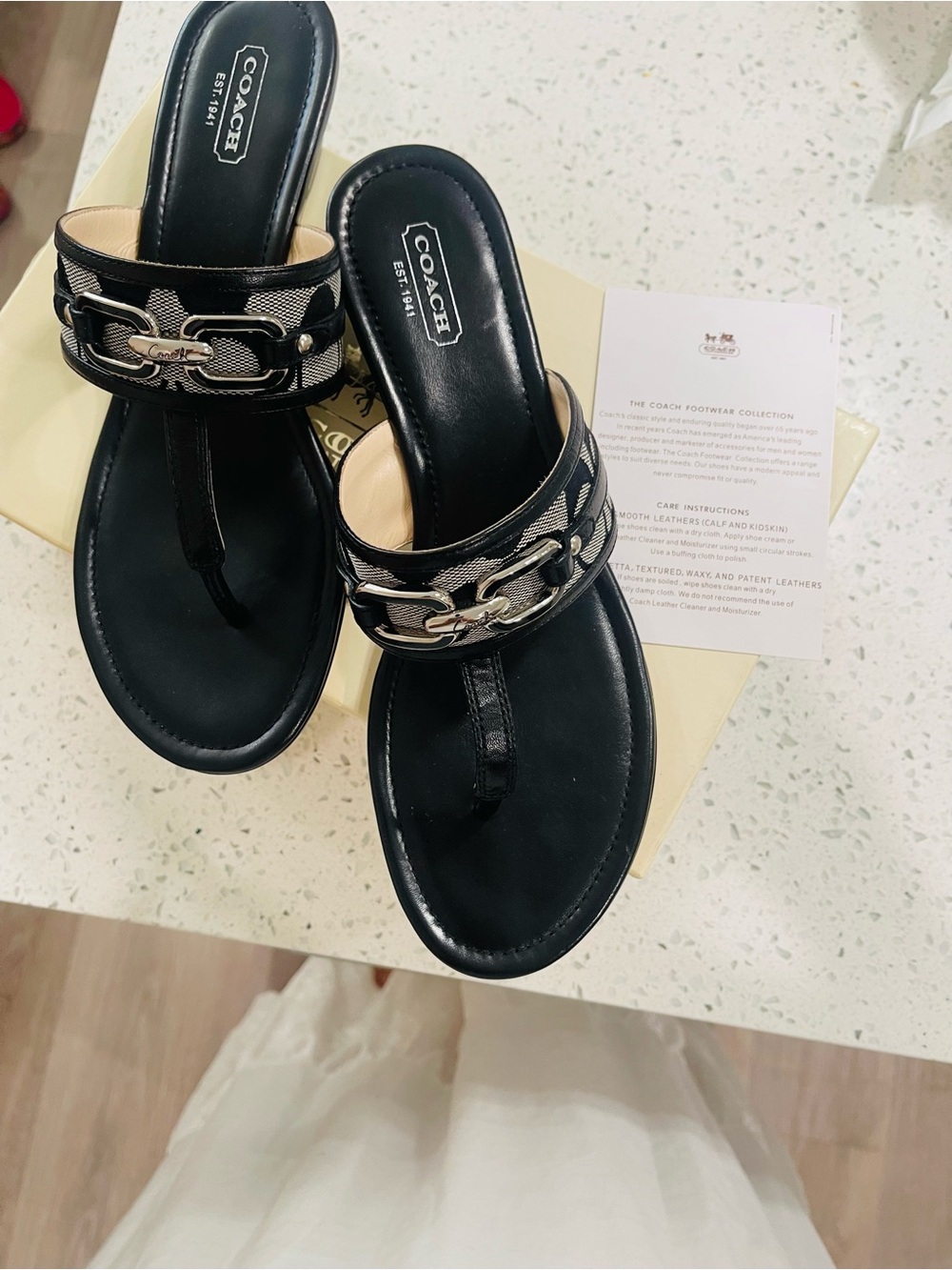 Coach Black Leather Thong Sandals with Signature Hardware size 9.5 NWT
